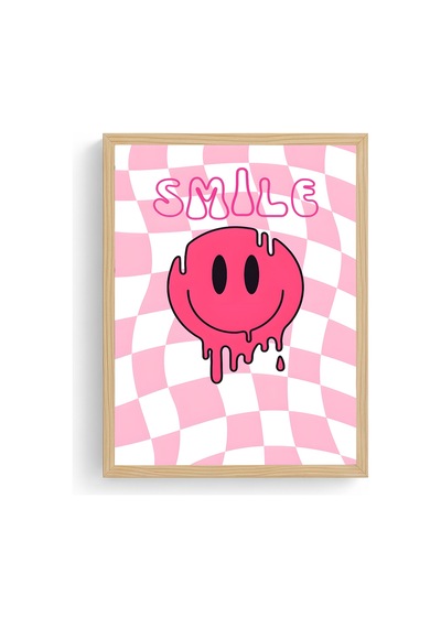 Doğal Ahşap Çerçeveli Retro Tablo - Pembe Smiley Pop Art Canlı Duvar Sanatı Huhu2329