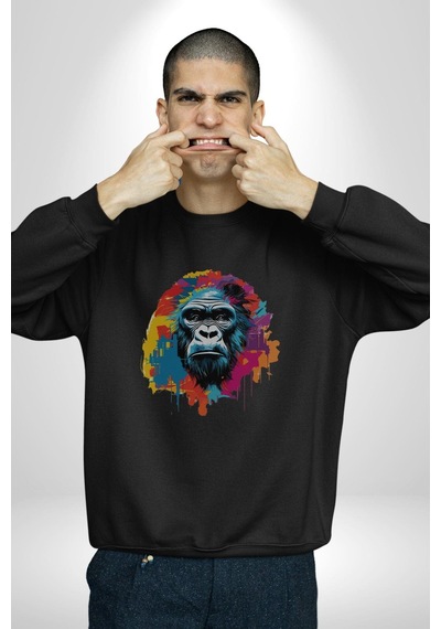 Renkli Maymun Goril Unisex Siyah Baskılı Sweatshirt Siyah