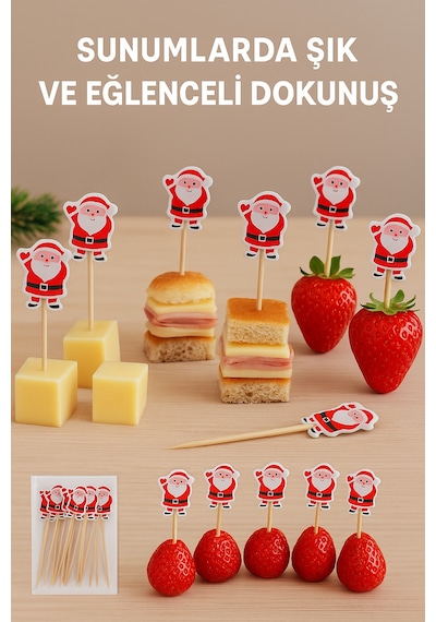 50 Li Noel Baba Figürlü 12 Cm Bambu Kürdan Yılbaşı Sunum Ve Parti Süsleme Seti