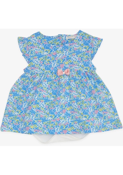 Breeze Kız Bebek Elbise Zıbınlı Çiçek Desenli Fiyonklu 9 Ay-3 Yaş, Mavi Mavi