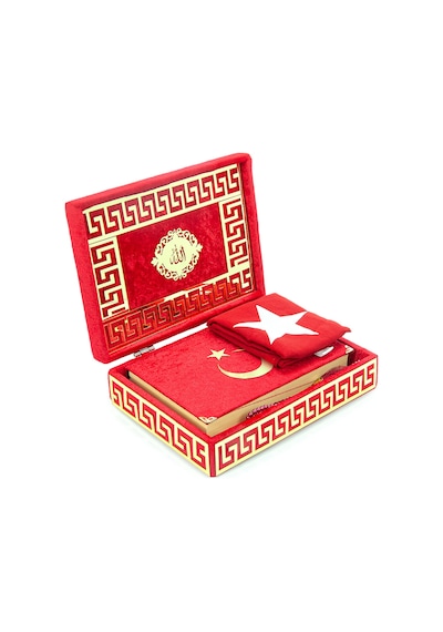 Türk Bayraklı Kuranı Kerim Hediyelik Set Pleksi Süslemeli Kadife Kutu, Bayrak Ve Tesbih