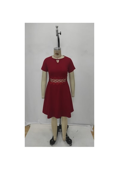 Butik İstanbul Kadın Kısa Kollu Yuvarlak Yaka Damla Detaylı Janjan Elbise Bordo