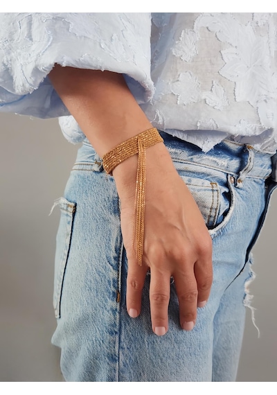 Kordon Çelik Zincir Örme 8 Sıralı Sallantılı El Yapımı Bakır Renk Bohem Bileklik Rose Gold