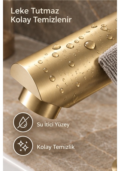 Lavabo Bataryası Mat Gold Fırçalı Altın 304 Paslanmaz Aç Kapa Banyo Bataryası Leke Tutmaz Mat Altın