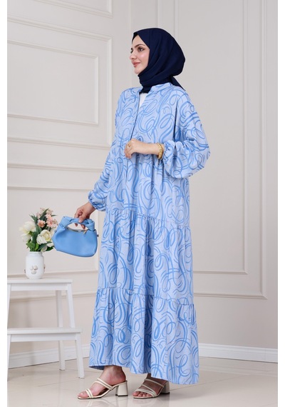 Sevitli Dalga Desen Robalı Elbise-mavi-5284