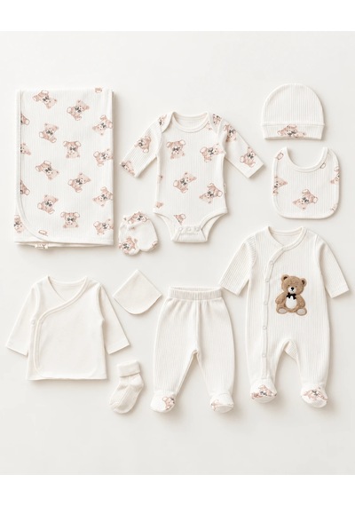 Eray Alp Kids Erkek Bebek Ayıcık Desenli Hastane Çıkışı 10'lu Set Beyaz