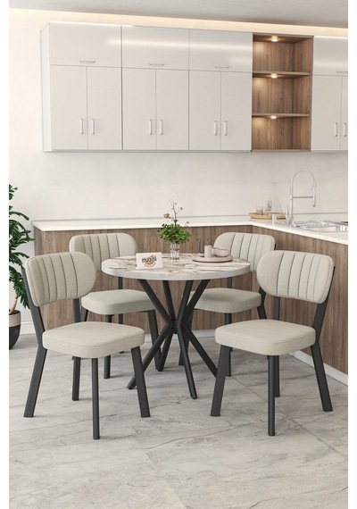 Gnr 90cm Sabit Efes Mutfak Masası Takımı, Yemek Masası, 4 Modern Krem Sandalye Krem