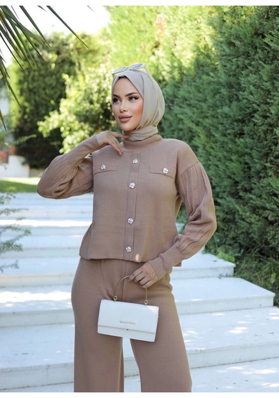 Defymoda Taş Düğmeli İkili Triko Takım Vizon Vizon