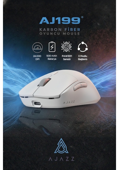 Aj199 Karbon Fiber 3 Modlu Ultra Hafif 24.000 Dpı, Oyuncu Mouse Paw3311 Sensör-500 Mah Batarya Diğer