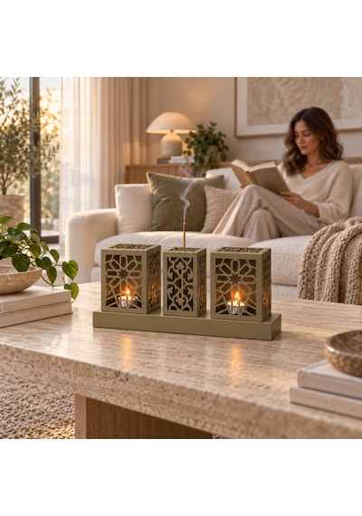 Lazer Kesim Metal Tealight Mumluk Ve Tütsülük Seti Geometrik Selçuklu Yıldızı Motifli Modern Ev Dekoru Benzersiz Masa Süsü Ve Hediye Haki