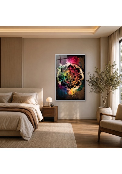 Boya Lekeli Renkli Mandala Gümüş Çerçeveli Cam Tablo