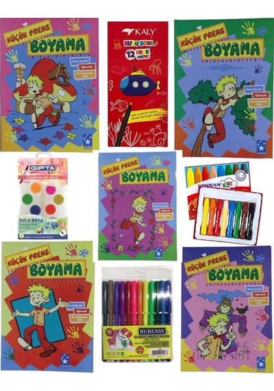 Boyama Kitabı Seti Boya Seti 64 Sayfa Arkalı Önlü 128 Syf 5 Adet Boyama Kuru-sulu-pastel-keçeli Boya