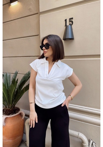 Beyaz Polo Yaka, Kısa Kol, Fitilli Kaşkorşe Kumaş, Basic Kalıp/kesim, Spor Ve Günlük Bluz & T-shirt Beyaz