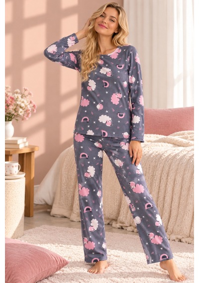 Free Beka Bisiklet Yaka Şık Desenli Rahat Ve Esnek Kumaş Uzun Kollu Kadın Pijama Takımı Gri