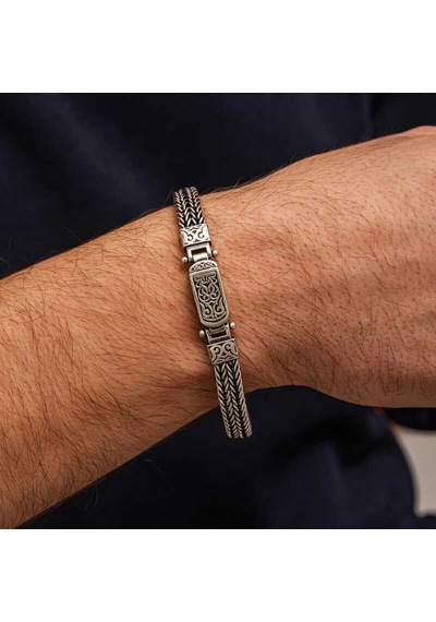 Premium 925 Ayar İthal Gümüş Oksitli Desenli Erkek Bileklik - 19 Cm