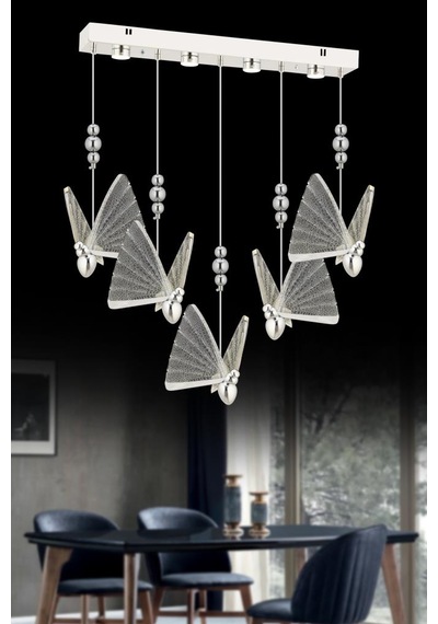 İstanbul Avize İpek Yemek Masası 5'li Gümüş Ledli 3 Renk Modern Led Avize Gümüş