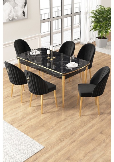 Canisa Edaf Serisi 80x132 Açılabilir Siyah Mermer Desen Mutfak Masa Takımı 6 Sandalye Gold Detay Masa Siyah Mermer Desen Sandalye Siyah Gold Ayak Canisa Edaf Serisi 80x132 Açılabilir Siyah Mermer Desen Mutfak Masa Takımı 6 Sandalye Gold Detay Masa Siyah Mermer Desen Sandalye Siyah Gold Ayak