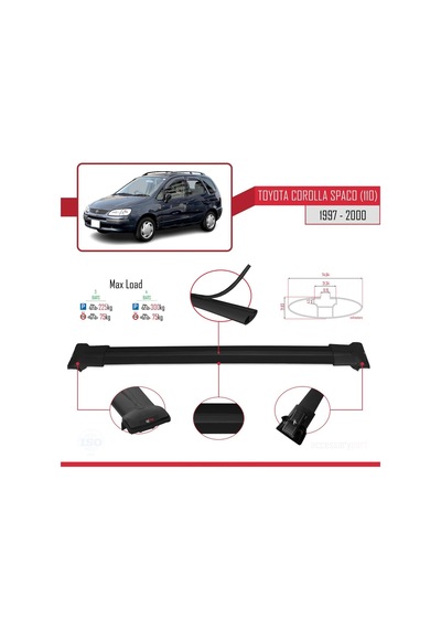 Toyota Corolla Spacio E110 1997-2000 Arası İle Uyumlu Fly Model Ara Atkı Tavan Barı Siyah 3 Adet Bar