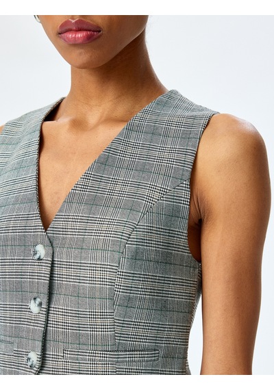 Koton V Yaka Viskon Karışımlı Cepli Slim Fit Ekose Kolsuz Crop Yelek Gri Ekose 5sak20086ew Gri Ekoseli Gri