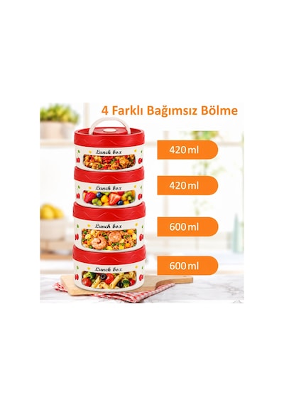 Valkyrie 4 Katlı Kirazlı Yemek Termosu 2040 Ml 304 Paslanmaz Çelik Lunch Box Isı Yalıtımlı Çantalı Kırmızı
