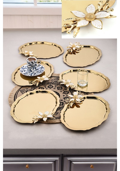 6 Adet Oval Papatlı Kahve-çay Servis Ve Sunum Tepsisi 25x20 Cm
