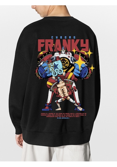 Unisex Siyah Franky Baskılı Hoodie Oversize Kapşonsuz Sweatshirt Siyah