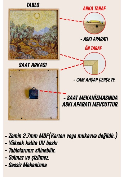Van Gogh Esintili 3'lü Tablo Seti Kedi Saatli Ahşap Çerçeveli Mdf Tasarım Renkli