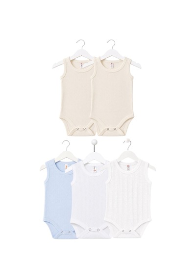 H&c Coolboy H&c 5'li %100 Pamuk Desenli Jakarlı Kolsuz Bebek Body Zıbın 2 Krem- 1 Mavi- 1 Baklava Desenli- 1 Beyaz