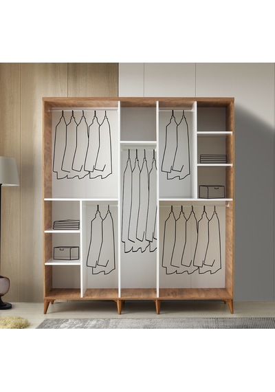 GuneyStore Paris 5 Kapaklı Komple MDF Atlantik Çam-Beyaz Gardırop