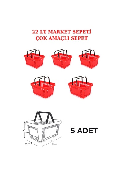 22 Litre 5 Adet Market Sepeti, Alışveriş Sepeti, Saplı Market Sep