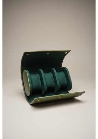 3 Lü Deri Saat Kutusu Silindir Tasarım Taşınabilir Saat Saklama Organizer 24x11x7 Cm Haki
