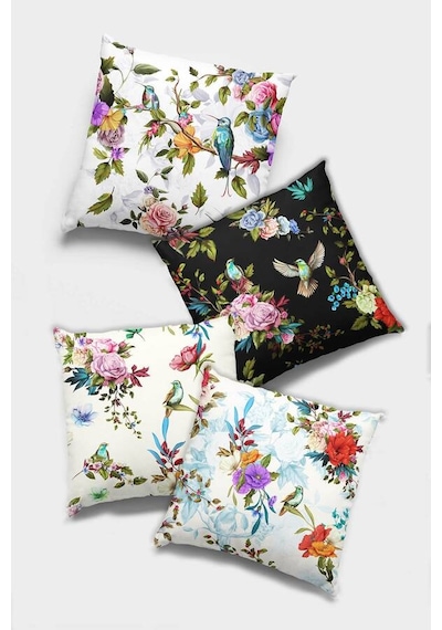 Çok Renkli Kuşlu Çift Taraflı 4'lü Set Kırlent Kılıfı 4kr002n11