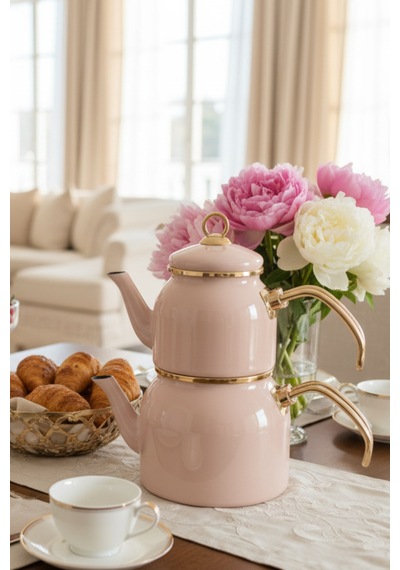 Pastel Rose Pembe Renk Emaye Çaydanlık Takımı İkili Gold Saplı