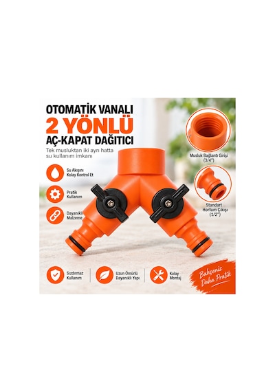 Otomatik Vanalı 2 Yönlü Hortum Dağıtıcı 3/4 Musluk Girişi 1/2 Çıkışlı Bahçe Sulama Aç Kapat