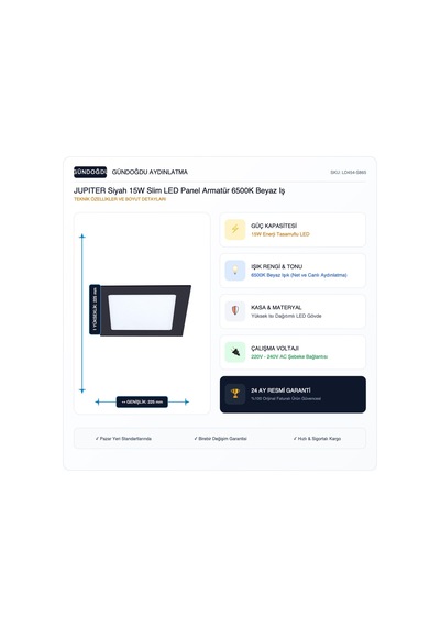 Jupıter Siyah 15w Slim Led Panel Armatür 6500k Beyaz Işık - Ld454-s865