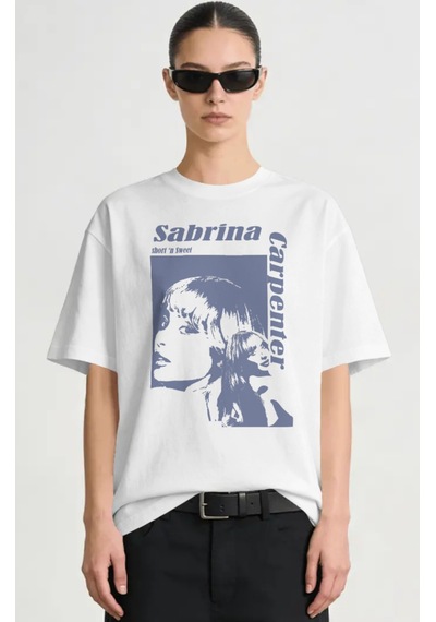 Sevbano Sabrina Carpenter Şarkıcı Baskılı Unisex Oversize Premium Tişört Beyaz