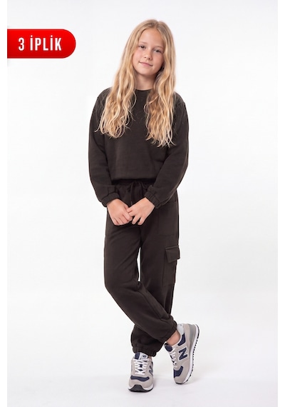 Fyk Kids 3 İplik Kız Çocuk Düz Kısa Bel Sweatshirt Bisiklet Yaka Eşofman Takımı Kahverengi