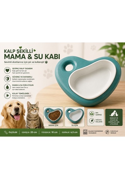 Kalp Şekilli Kedi Köpek Mama Ve Su Kabı 20 Cm Çıkarılabilir Hazneli - Yeşil
