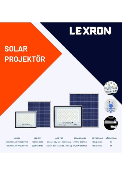 Lexron - İnges 400 Watt Led Hazır Solar Projektör Kumandalı 400 W Güneş Enerjili Aydınlatma Işıldak