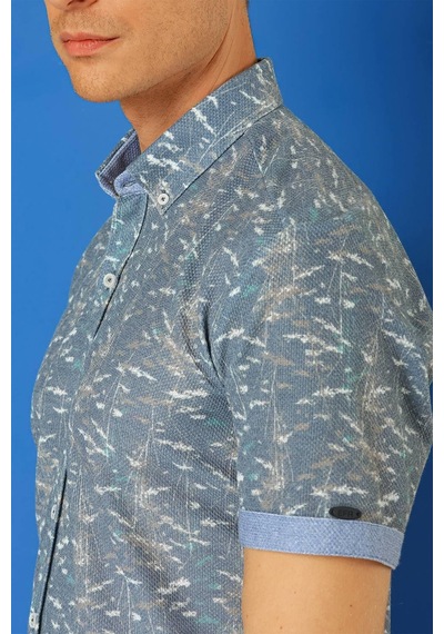 Efor Slim Fit Düğmeli Yaka Desenli Kısa Kol Pamuk Mavi Gömlek G 1499 Mavi