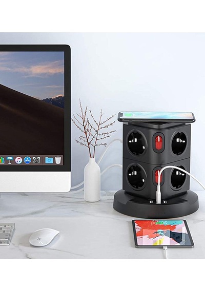 Termal Akım Korumalı Kablosuz Şarj 3 USB 8 Priz 1x Wireless Uzatma Kablosu