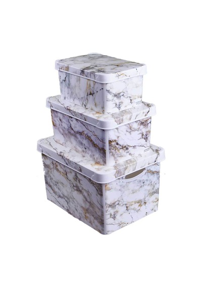 Style Box Marble Desenli 3 Parça Dekoratif Saklama Kutusu Seti Bej Çok Renkli