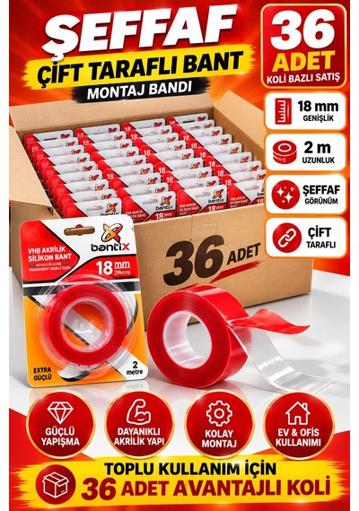 Şeffaf Çift Taraflı Bant 18 Mm X 2 Metre 36 Adet Koli Vhb Akrilik Silikon Güçlü Yapışkanlı Montaj Ba
