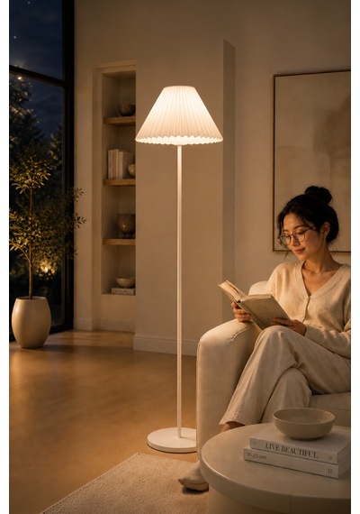Metal Beyaz Lambader 150 Cm İthal Beyaz Kumaş Pileli Kırma Modern Başlık Lam10