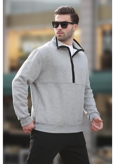 Madmext Gri Dik Yaka Yarım Fermuarlı Sweatshirt 7079 Gri