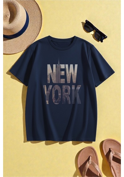 Uyguntarz Unisex New York Baskılı Oversize Tshirt Lacivert