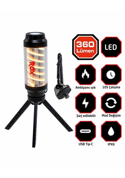 Rox 0265 Şarjlı Kamp Feneri 360 Lümen Siyah