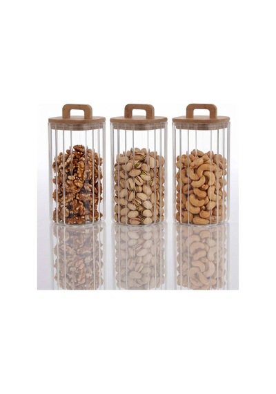 Bambu Kapaklı Borosilikat Cam Kavanoz Takımı - 3 Parça 1100 Ml Şeffaf