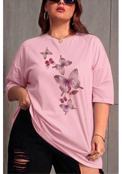 Kelebek Baskılı Kadın Büyük Beden Battal Bisiklet Yaka Pamuklu T-shirt Rahat Kesim Pembe