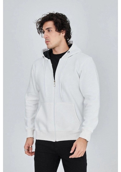 Freedom Storee Erkek 3 İplik Pamuklu Fermuarlı Kapüşonlu Kanguru Cepli Hoodie Hırka Sweatshirt - Beyaz Çok Renkli